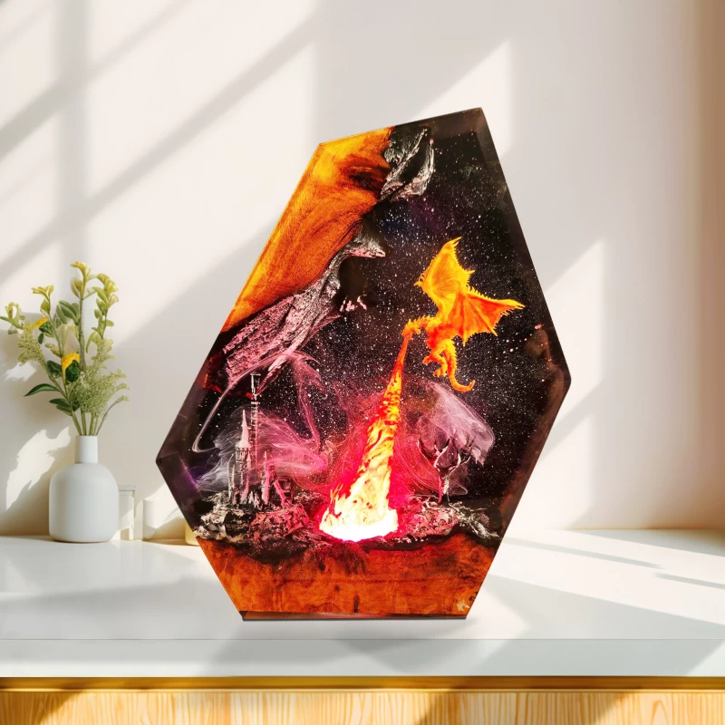 Fantasy Dragon Battle LED Light Sculpture with Volcano